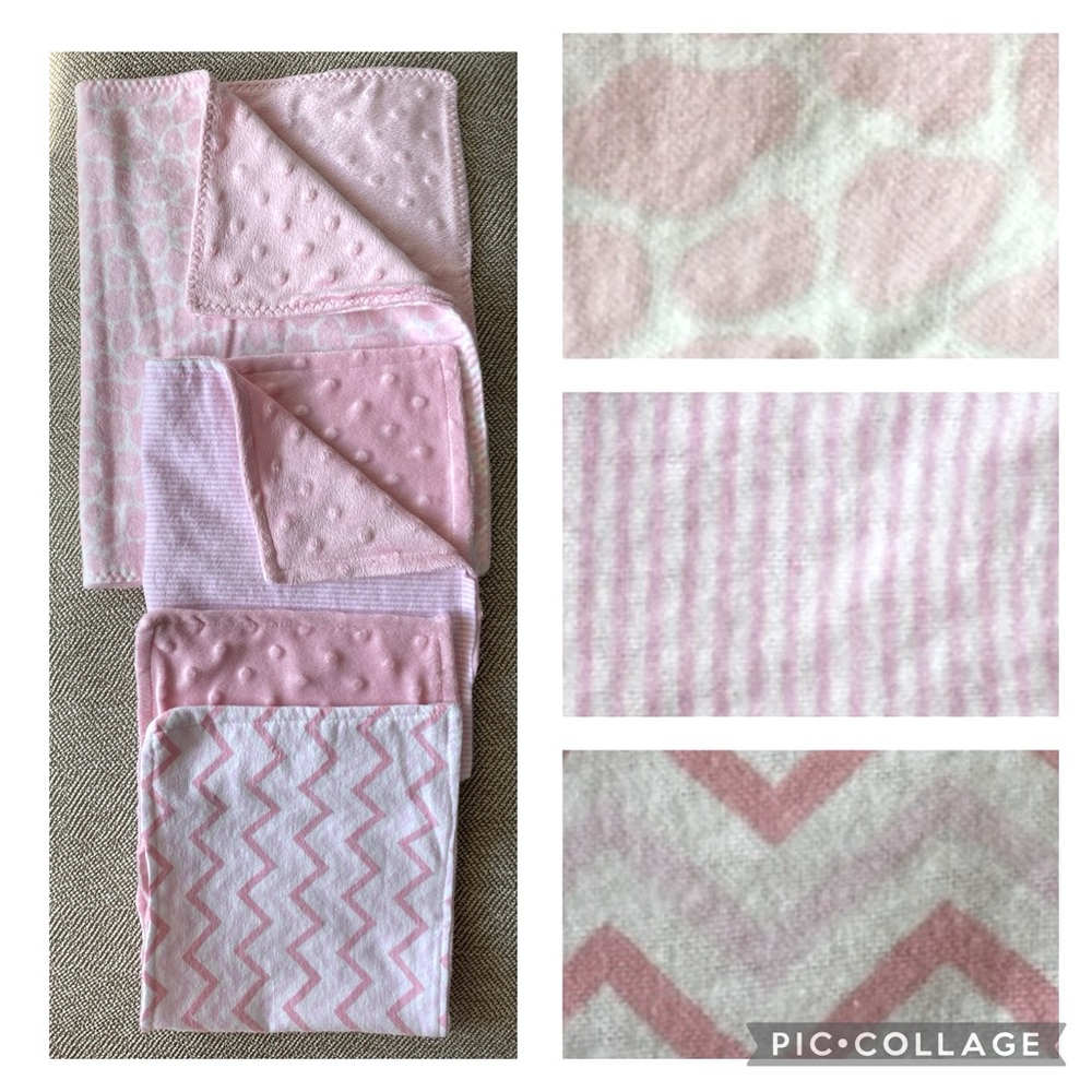 3 Homemade Burpee Cloths/Snuggle Blankets. Pink and White Flannel/Minky Fleece.